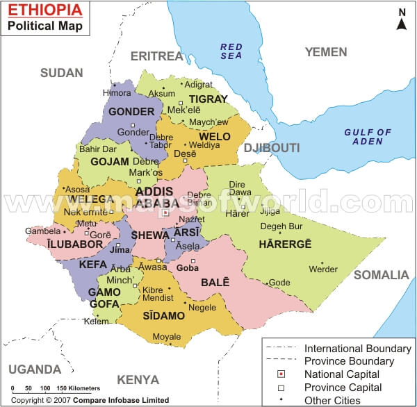 Political Map Of Ethiopia With Provincial State Boundaries Ethiopia Map