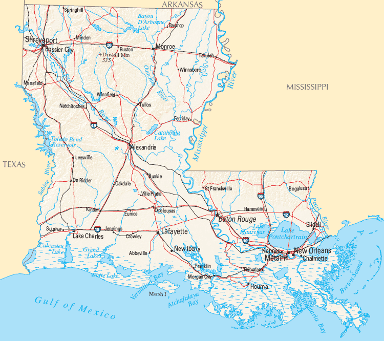 State of Louisiana Water Feature Map and list of county Lakes, Rivers,  Streams - CCCarto